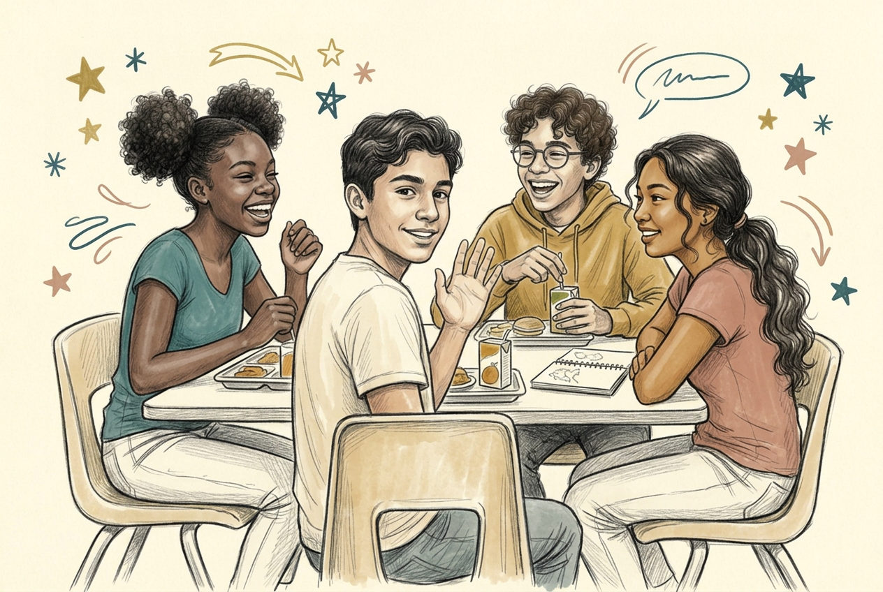 Illustration of four teens laughing together at a lunch table, one waving a newcomer over to an open chair
